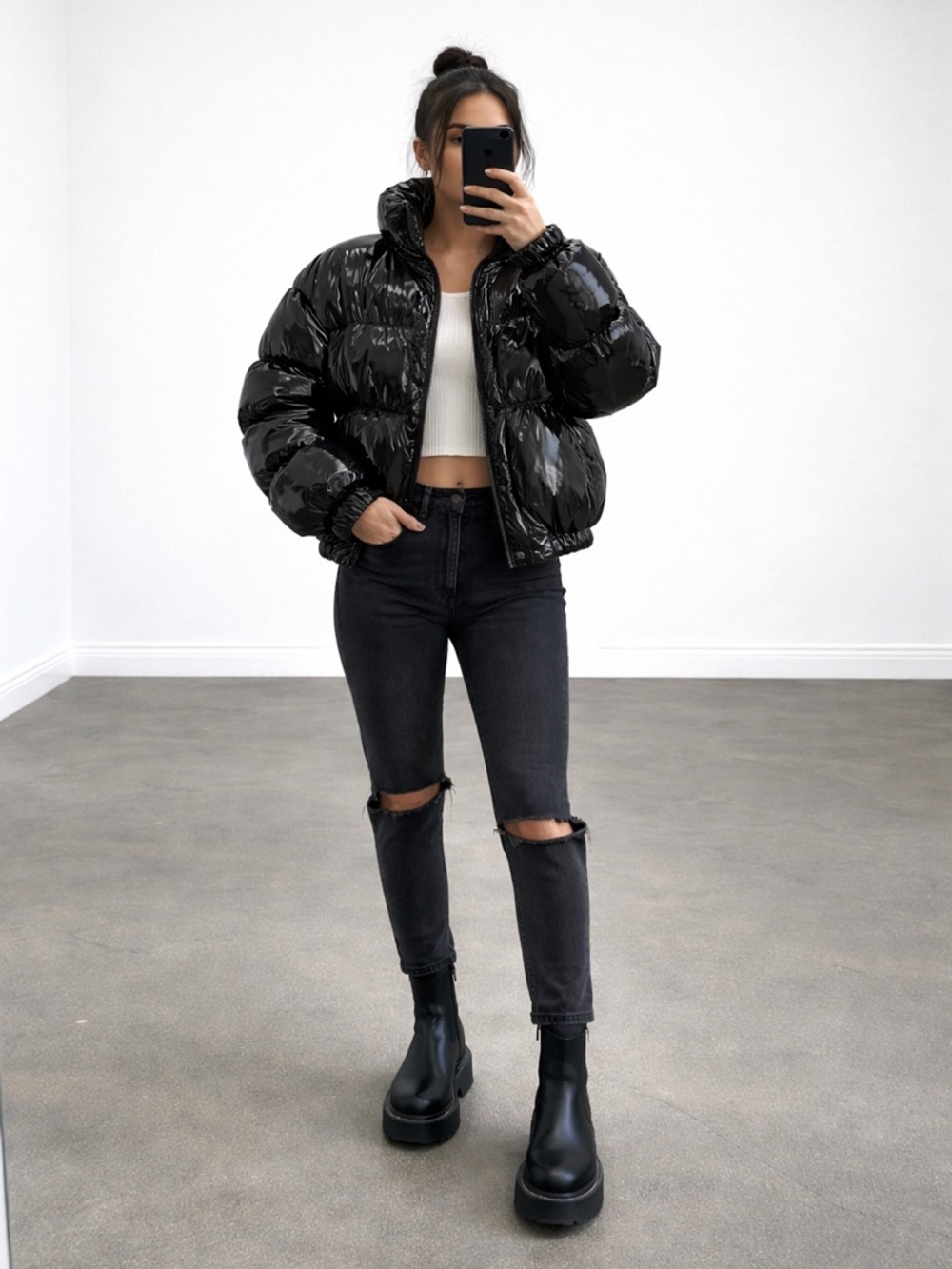 Steve Madden Glossy Black Cropped Puffer Jacket
